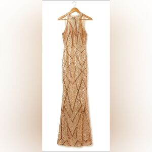 Gold Beaded Evening Dress - Metallic Geometric Detailing- Prom